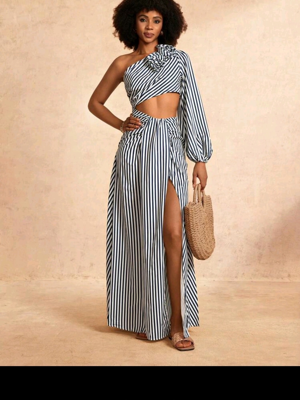 SHEIN Black and White Striped One-Shoulder Maxi Dress